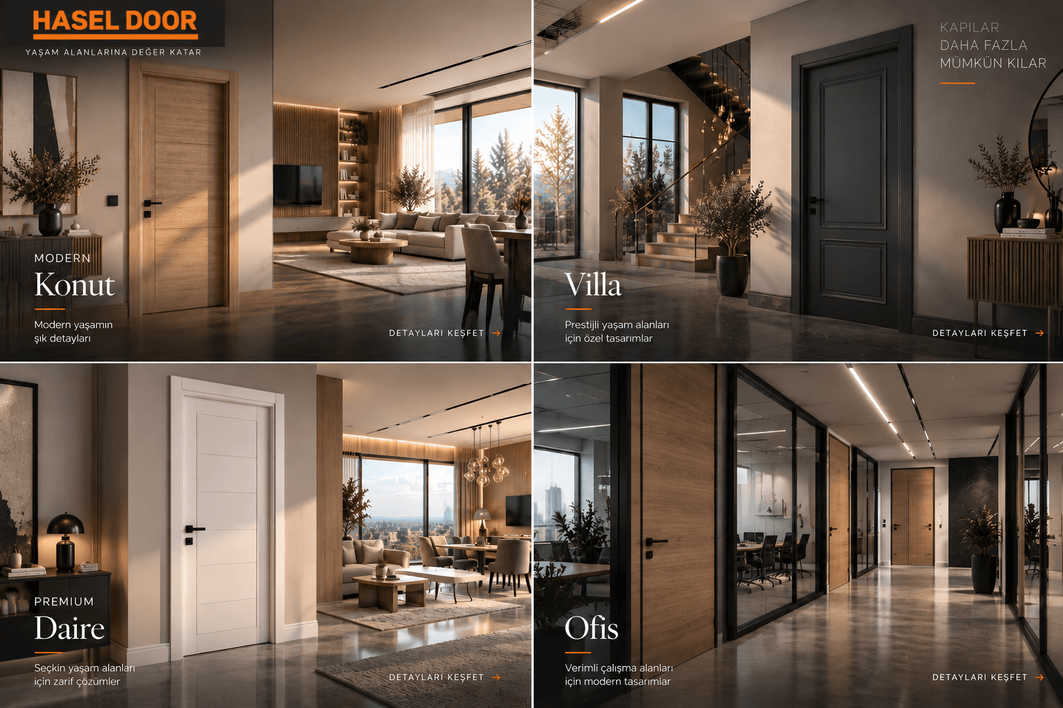 Modern Konut, Villa, Premium Daire ve Ofis alanlarını içeren Hasel Door konsept kolajı